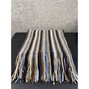 William Brunton Hand Knits Scarf Blue Brown Striped Made in Scotland Wool Fringe